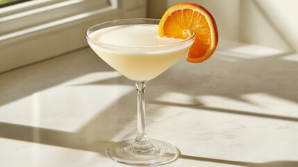 Poster - A minimalist presentation of freshly squeezed orange juice in a clear glass, with a vibrant orange slice on the rim and a clean white background for a fresh look.