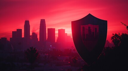 Aufkleber - Insurance Risk Assessment symbolic depiction of a shield overlaying a city skyline representing risk protection Stock Photo with side copy space