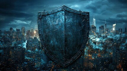 Aufkleber - Insurance Risk Assessment symbolic depiction of a shield overlaying a city skyline representing risk protection Stock Photo with side copy space