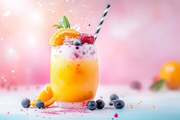 Poster - A dreamy watercolor painting of a glass of orange juice, with soft, glowing hues blending into a vibrant background