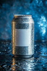 Poster - Ice Cold Refreshment Aluminum Can with Condensation and Blank Label on Blue Background
