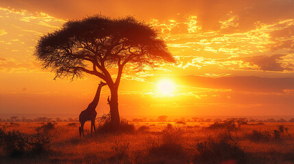 tall beautiful giraffe walking in african savannah at sunset. saving giraffes in the wild in savanna
