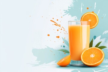 Wall Mural - A flat design of a glass of orange juice with a single slice of orange, set against a plain white background