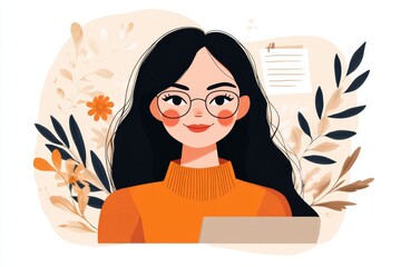 Aufkleber - A flat design of a virtual interview on a laptop screen, with a smiling interviewer on the screen and notes around it