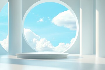 Poster - Modern minimalist interior design with circular windows and cloud view