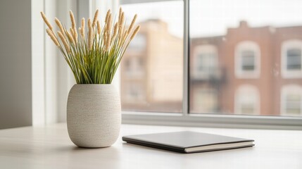 Poster - Modern minimalist office desk setup featuring natural light and decorative vase