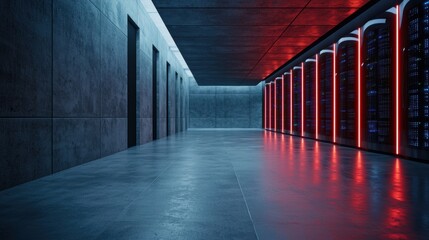 Poster - Modern Data Center Interior with Server Racks and Neon Lighting Effect