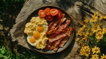 Poster - A plate of bacon next to scrambled eggs and freshly sliced tomatoes, creating a hearty breakfast spread on a wooden table.