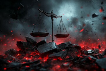 Poster - A gothic depiction of the scales of justice surrounded by dark clouds and glowing red embers, symbolizing justice in a tumultuous world