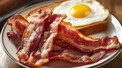 Poster - A plate of crispy bacon next to a slice of buttered toast and a fried egg, creating a hearty breakfast spread on a wooden table.