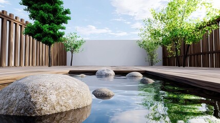 Poster - Tranquil Zen Garden Pond Reflecting Serene Natural Landscape Scenery