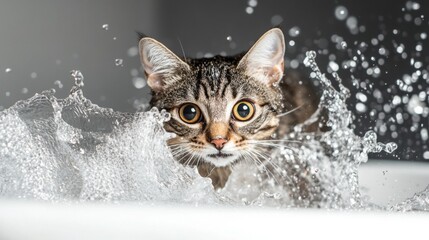 Poster - A playful moment captured as a cat tries to escape from a bathtub, with water splashing around and its wide eyes showing both curiosity and surprise.