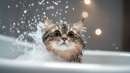 Poster - A playful moment captured as a cat tries to escape from a bathtub, with water splashing around and its wide eyes showing both curiosity and surprise.