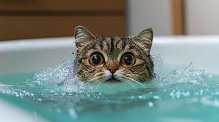 Poster - A playful moment captured as a cat tries to escape from a bathtub, with water splashing around and its wide eyes showing both curiosity and surprise.