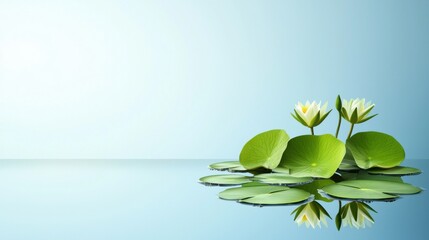Poster - Floating Water Lily Leaves and Flowers Reflected on Calm Lake Surface