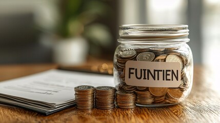 Poster - Life Insurance Planning jar filled with coins labeled future savings placed next to a life insurance booklet Stock Photo with side copy space
