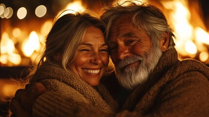 Poster - Life Insurance Planning mature couple sitting by the fireplace smiling as they plan their golden years Stock Photo with side copy space