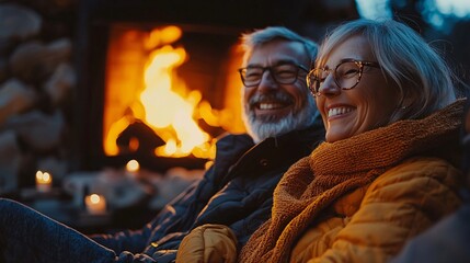 Poster - Life Insurance Planning mature couple sitting by the fireplace smiling as they plan their golden years Stock Photo with side copy space