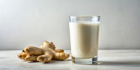 Wall Mural - Crisp studio shot: milk and ginger, pristine white backdrop, minimalist aesthetic.