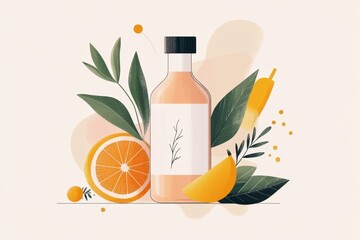 Poster - A minimalist depiction of a juice bottle with a simple fruit label, drawn in clean lines and pastel tones