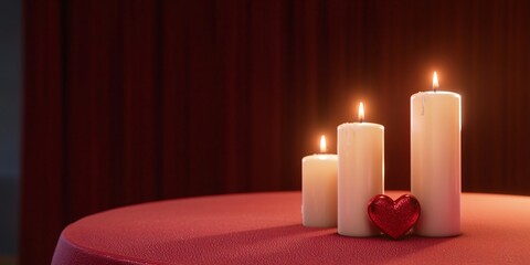 Poster - Pink valentine and flowers. Three lit candles on a table with a red cloth, creating a warm and inviting atmosphere.