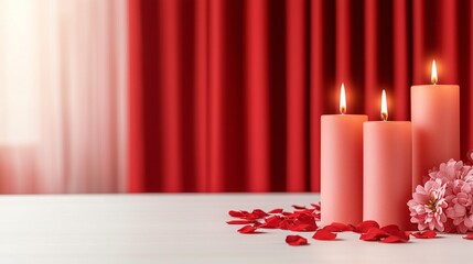 Pink valentine and flowers. Soft pink candles with petals and flowers against a red curtain backdrop.