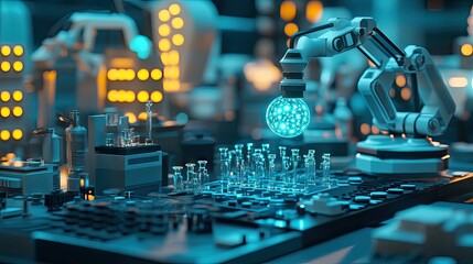 Poster - a futuristic biopharma lab with glowing AI driven devices and molecular holograms.