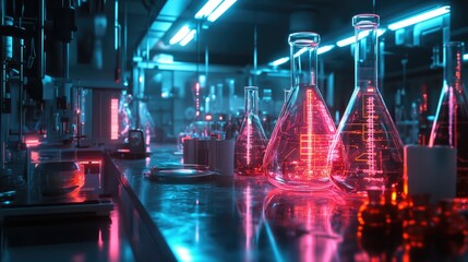 Poster - a futuristic biopharma lab with glowing AI driven devices and molecular holograms.
