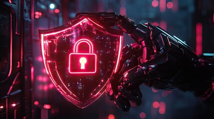 Poster - Generative AI visual of a robotic hand clutching a shield with a neon padlock icon, emphasizing cybersecurity.