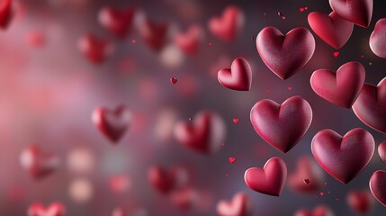 Poster - Pink valentine and flowers. Floating red hearts create a romantic and dreamy atmosphere in a soft background.