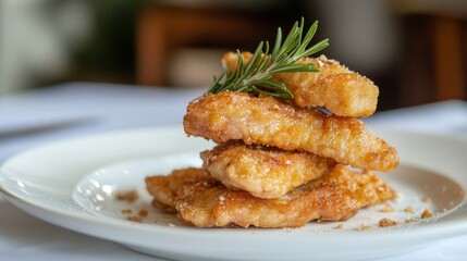 Poster - A stack of golden-brown bacon strips arranged on a white plate, with a sprig of rosemary as garnish, ready to serve.