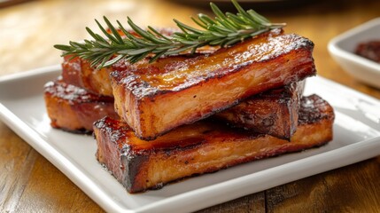 Poster - A stack of golden-brown bacon strips arranged on a white plate, with a sprig of rosemary as garnish, ready to serve.