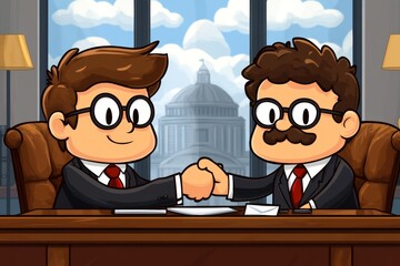 Aufkleber - A pixel art depiction of a job interview, with animated characters sitting across a desk, shaking hands in a retro game-style office