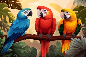 Poster - A pixel art jungle scene with animated waterfalls, swaying trees, and colorful parrots flying in a retro video game style