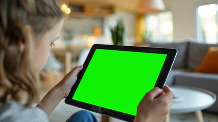 Aufkleber - This Young girl engages with a tablet displaying a green screen, surrounded by a cozy living room.