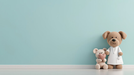 Aufkleber - plush dog toy dressed as nurse stands beside small bear toy, both against light blue wall, creating warm and inviting atmosphere