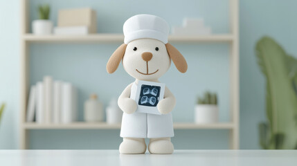 Aufkleber - cute plush dog toy dressed as nurse, holding ultrasound image, stands on table in bright room. soft colors and friendly expression create warm atmosphere