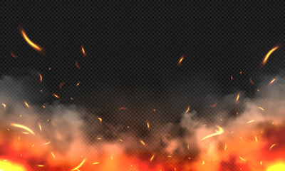 Wall Mural - Fire spark or flame overlay with smoke or fume background, burning effect with flying ash and glowing red particle in the air, fog weather, sky cloud texture and vapor with stardust. Fire burn smoke.