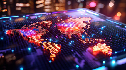 Aufkleber - vibrant 3D digital world map illuminated with colorful lights, showcasing global connections and trade routes. map is set against backdrop of city skyline, creating futuristic atmosphere
