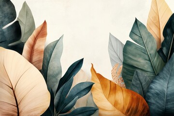 Poster - A simple and colorful drawing of a jungle canopy with layers of green leaves and abstract wildlife shapes, set on a white background