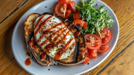Poster - A top-down view of a breakfast plate with a fried egg on toast, drizzled with hot sauce, accompanied by sliced tomatoes and fresh greens for a healthy touch.
