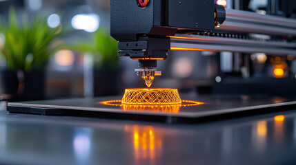 Aufkleber - 3D printer creating intricate design with glowing orange filament, showcasing advanced technology and precision in manufacturing. scene is set in modern workspace