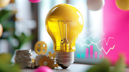 Aufkleber - Innovative lightbulb symbolizing creativity and progress, surrounded by gears and coins, representing growth and development in vibrant setting