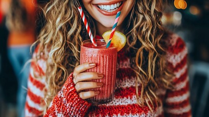 Wall Mural - Woman enjoying a refreshing pink smoothie.