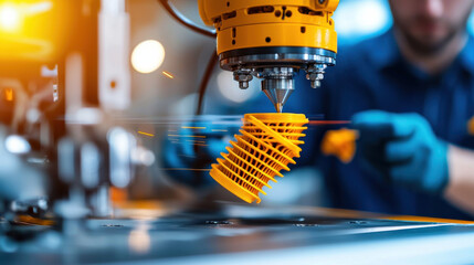 Aufkleber - 3D printed mechanical part being assembled with precision in workshop. vibrant yellow component showcases advanced manufacturing techniques and attention to detail