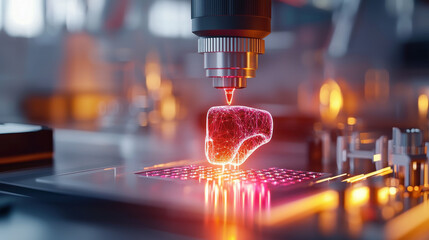 Poster - 3D printed organ being tested in cutting edge biomedical lab, showcasing advanced technology and innovation in medical research. scene highlights precision and futuristic design