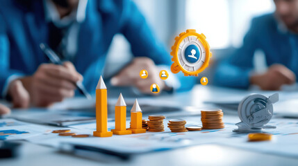 Aufkleber - business incubator environment showcasing entrepreneurs collaborating on financial growth strategies. Visual elements include charts, coins, and digital icons representing networking