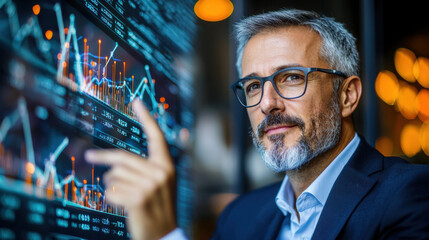 Poster - business leader analyzing economic growth strategies with data charts, showcasing confidence and expertise in financial trends