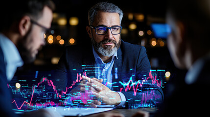 Poster - business meeting with executives analyzing data trends and graphs