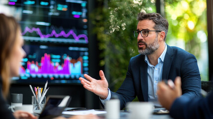 Fototapete - business meeting with professionals discussing market trends and strategies. atmosphere is focused and collaborative, highlighting teamwork and communication